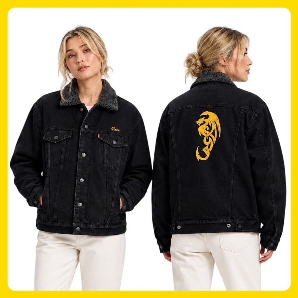 Levi's Sherpa Lined Trucker Jacket Women Small Black Denim Yellow Tribal Dragon